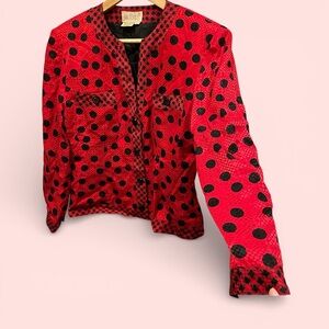 Swanky vintage 80s-90s red silk polka dot plaid lightweight lined blazer pockets